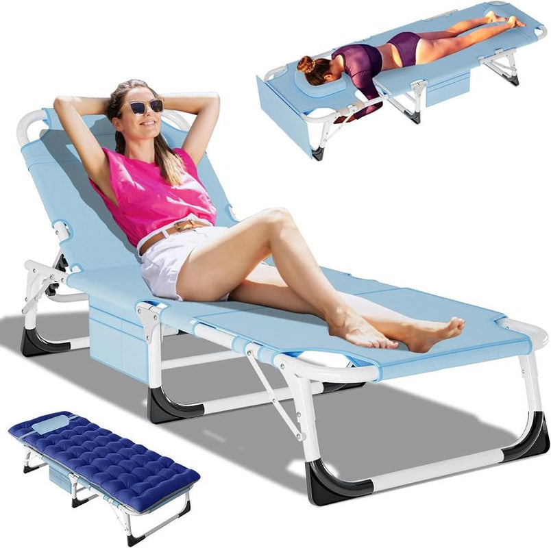 Docred Tanning Chair with Face Hole – 5-Position Adjustable Recliner, Foldable Lounge Chair with Detachable Pillow for Sunbathing, Beach, Pool, Lawn, and Camping