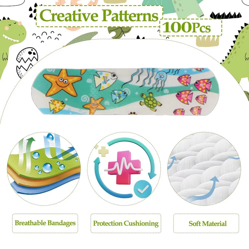 100 Pcs Cute Cartoon Kids Bandages - Flexible, Waterproof, and Breathable Adhesive Strips for Children