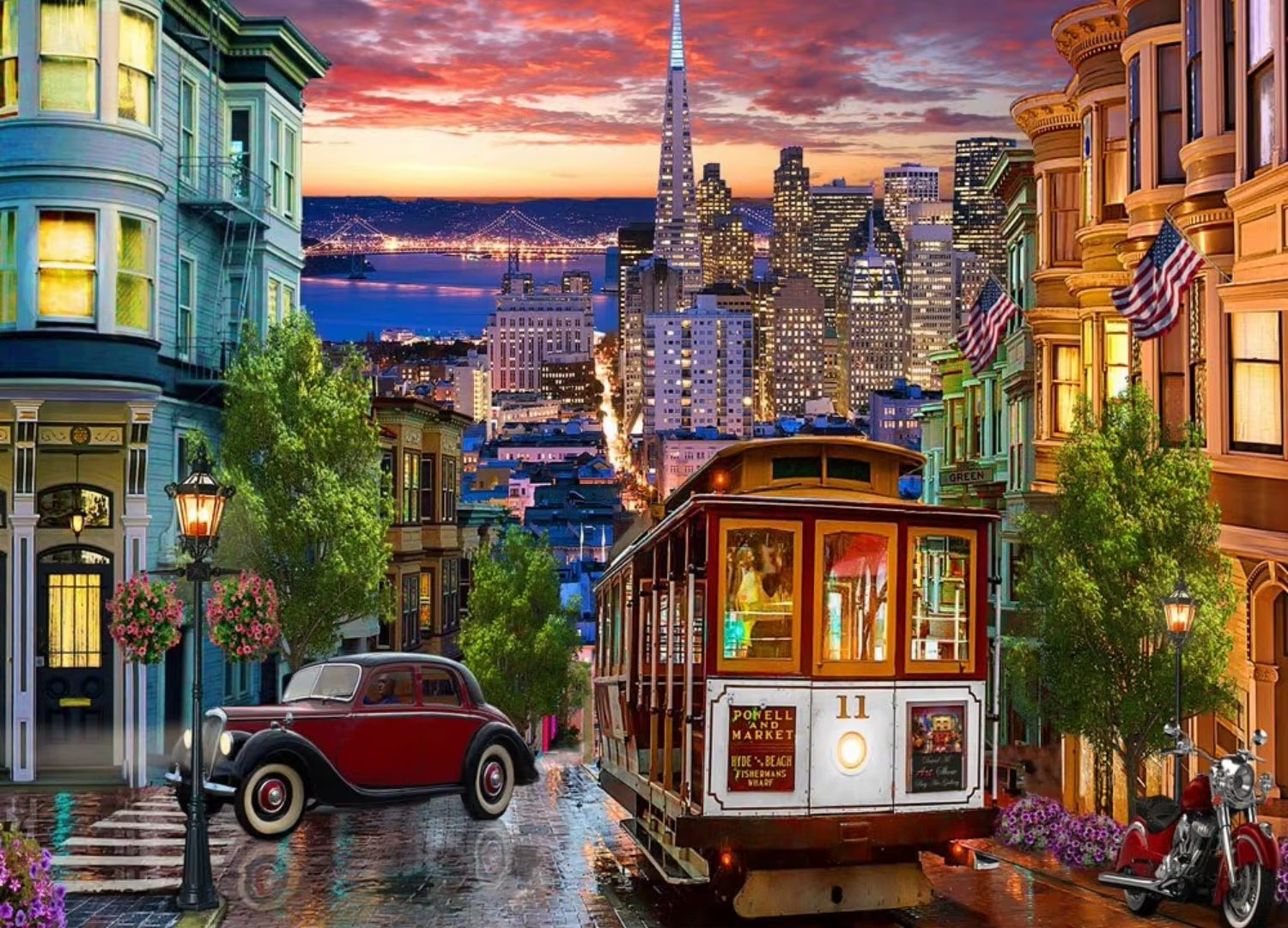 300/500/1000 Pieces Wooden Jigsaw Puzzle – San Francisco Trolley Landscape | Premium Puzzle for Adults, Families, and Kids | Perfect Gift for All Ages