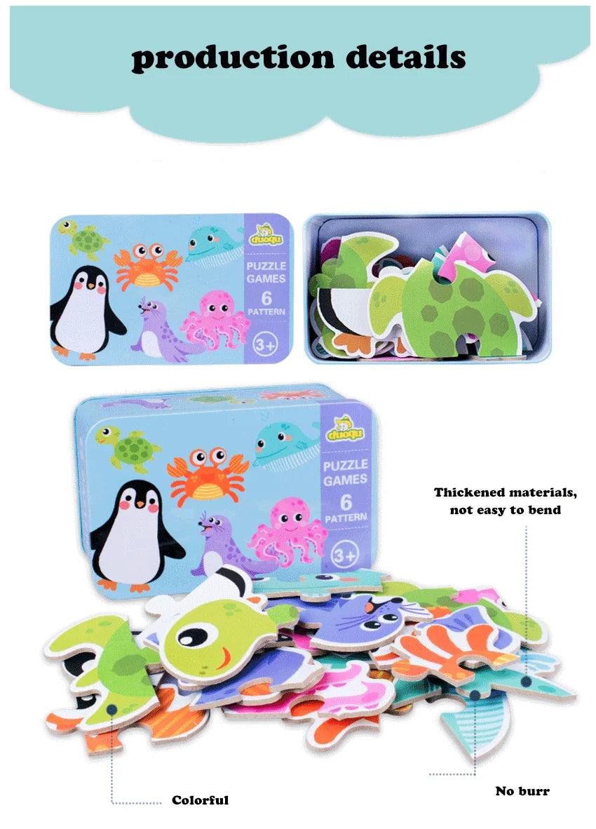 Baby Puzzle Montessori Educational Toys Wood 3D Puzzle Games Iron Box children Puzzles Jigsaw Wooden Puzzles For Kids 2 3 4 Year - Happy Bambino