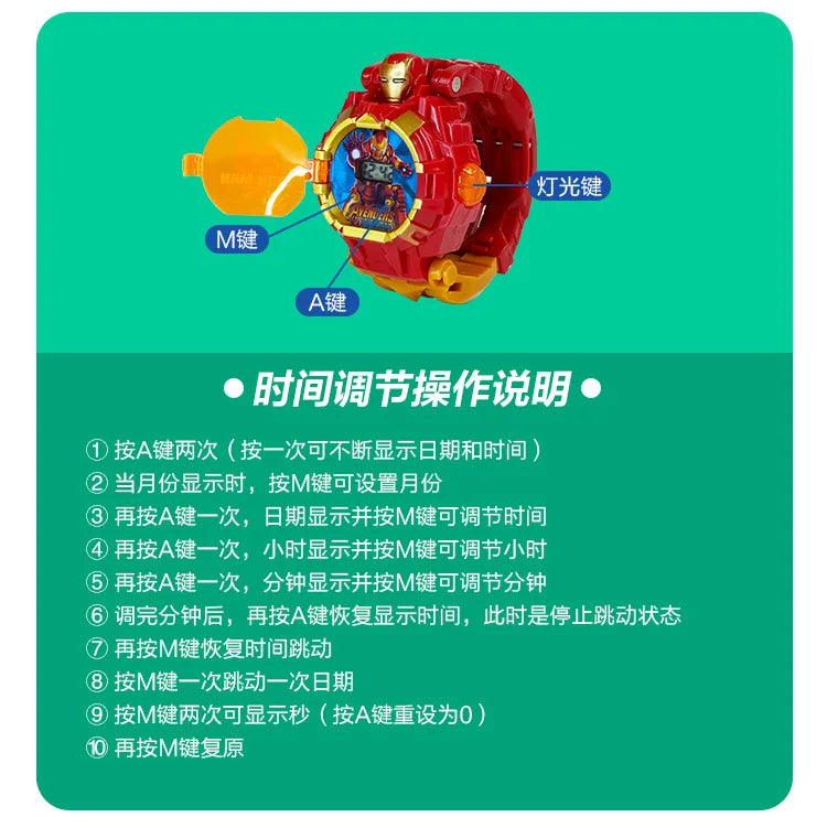 Marvel iron Man Spiderman Cartoons Children's watch Deformation robot 3d LED Luminous watch Children's model toy watch - Happy Bambino