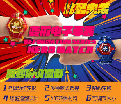 Marvel iron Man Spiderman Cartoons Children's watch Deformation robot 3d LED Luminous watch Children's model toy watch - Happy Bambino
