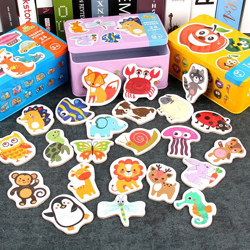 Baby Puzzle Montessori Educational Toys Wood 3D Puzzle Games Iron Box children Puzzles Jigsaw Wooden Puzzles For Kids 2 3 4 Year - Happy Bambino