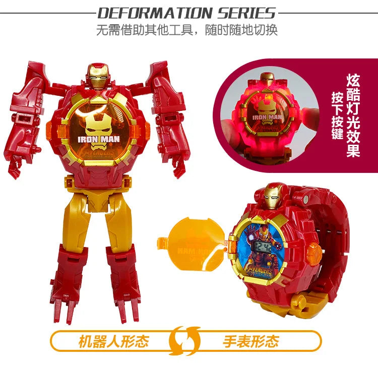 Marvel iron Man Spiderman Cartoons Children's watch Deformation robot 3d LED Luminous watch Children's model toy watch - Happy Bambino