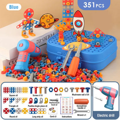 Children DIY Tool Toys Set Electric Drill Screw Nuts 3D Puzzle Toy Pretend Play Tool Kits 2D/3D Educational Toy - Happy Bambino