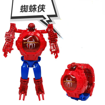 Marvel iron Man Spiderman Cartoons Children's watch Deformation robot 3d LED Luminous watch Children's model toy watch - Happy Bambino