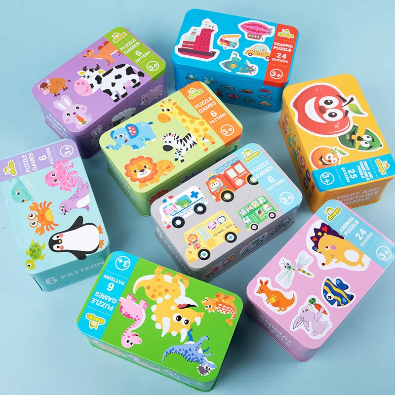 Baby Puzzle Montessori Educational Toys Wood 3D Puzzle Games Iron Box children Puzzles Jigsaw Wooden Puzzles For Kids 2 3 4 Year - Happy Bambino
