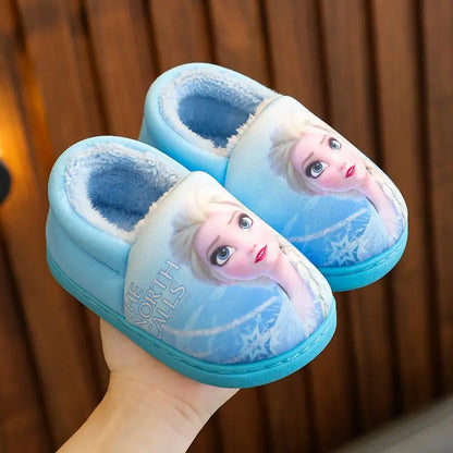 Disney Princess Elsa Winter Children's Heel Cotton Slippers Girls' Warm Frozen Kids' Cotton Black Purple Flats Shoes Size 24-40 - Happy Bambino