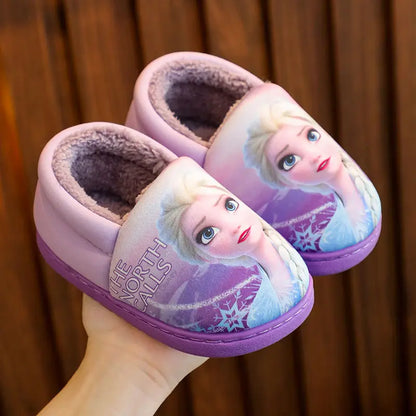 Disney Princess Elsa Winter Children's Heel Cotton Slippers Girls' Warm Frozen Kids' Cotton Black Purple Flats Shoes Size 24-40 - Happy Bambino