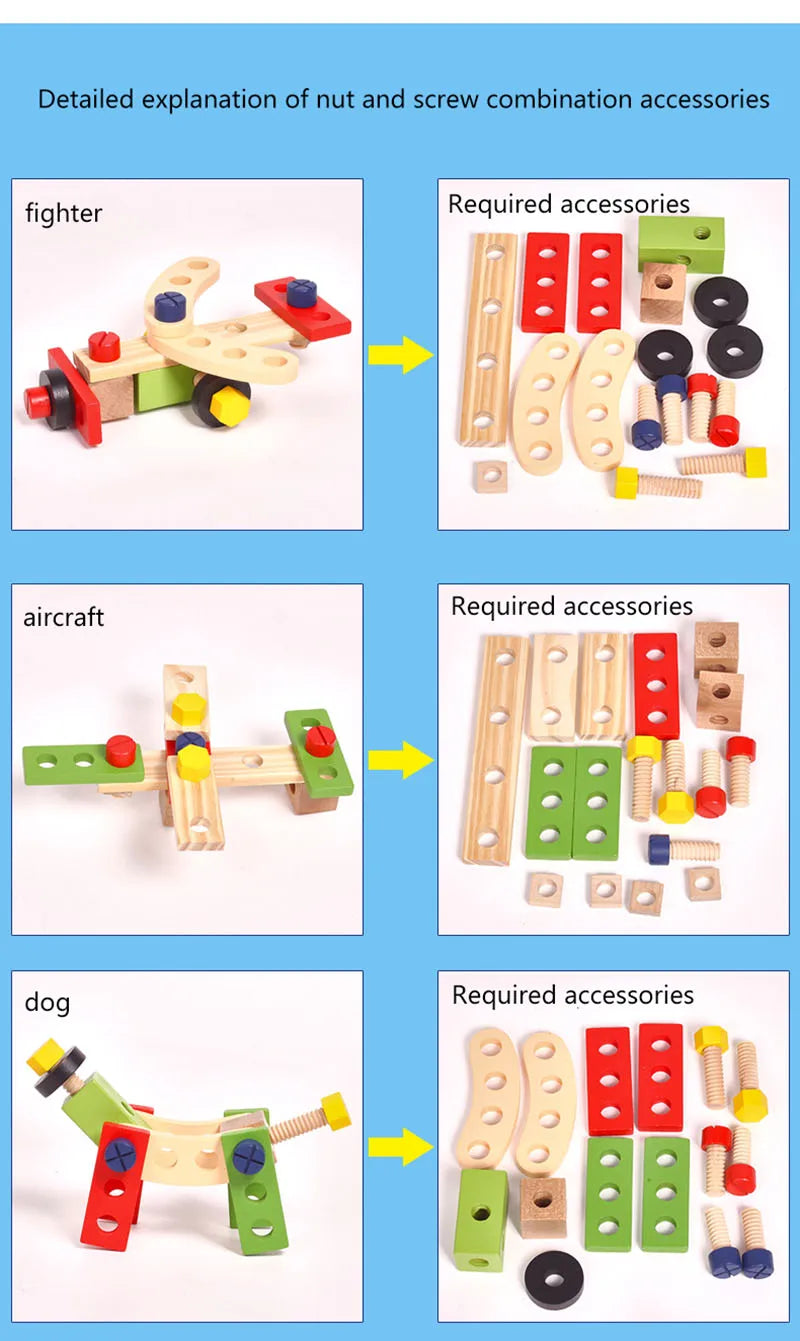 Educational Montessori Kids Toys Plastic Wooden Toolbox Pretend Play Set Children Nut Screw Assembly Simulation Carpenter Tool - Happy Bambino
