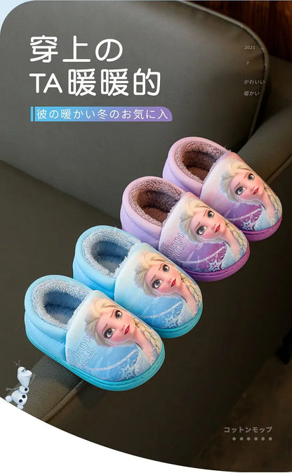 Disney Princess Elsa Winter Children's Heel Cotton Slippers Girls' Warm Frozen Kids' Cotton Black Purple Flats Shoes Size 24-40 - Happy Bambino