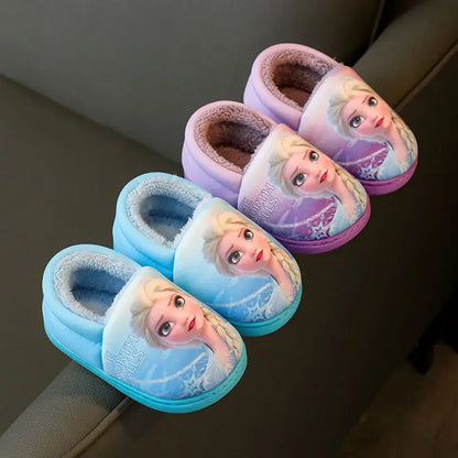Disney Princess Elsa Winter Children's Heel Cotton Slippers Girls' Warm Frozen Kids' Cotton Black Purple Flats Shoes Size 24-40 - Happy Bambino