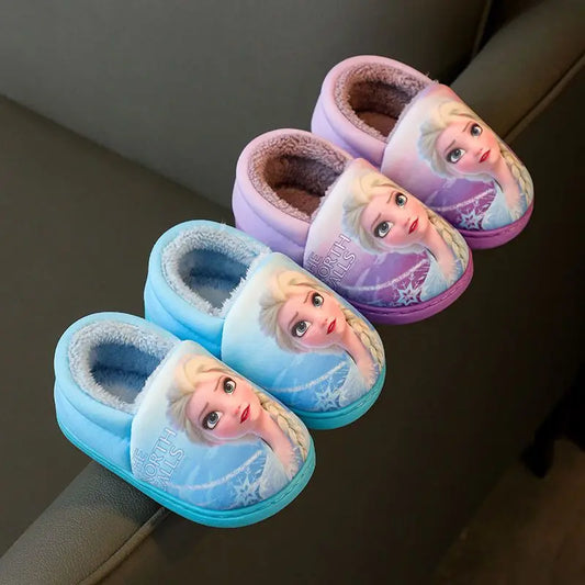 Disney Princess Elsa Winter Children's Heel Cotton Slippers Girls' Warm Frozen Kids' Cotton Black Purple Flats Shoes Size 24-40 - Happy Bambino