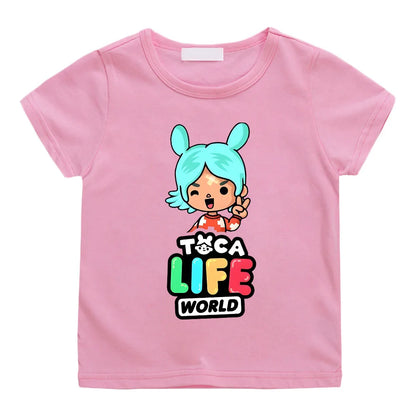 Toca Life World Children's T-shirt 100% Cotton Short Sleeve Tee-shirt Kawaii Cartoon Graphic Printing Tshirts Kids Summer Tops - Happy Bambino