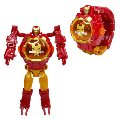 Marvel iron Man Spiderman Cartoons Children's watch Deformation robot 3d LED Luminous watch Children's model toy watch - Happy Bambino