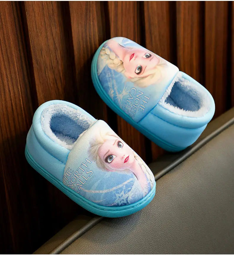 Disney Princess Elsa Winter Children's Heel Cotton Slippers Girls' Warm Frozen Kids' Cotton Black Purple Flats Shoes Size 24-40 - Happy Bambino