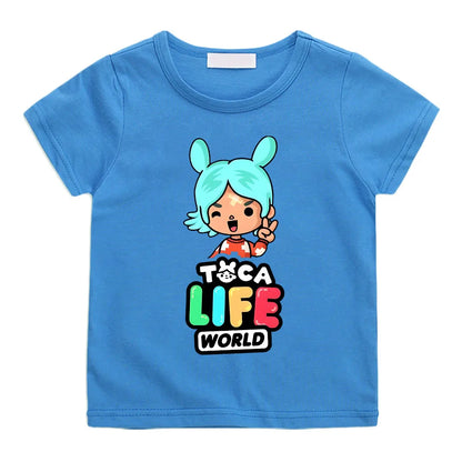 Toca Life World Children's T-shirt 100% Cotton Short Sleeve Tee-shirt Kawaii Cartoon Graphic Printing Tshirts Kids Summer Tops - Happy Bambino