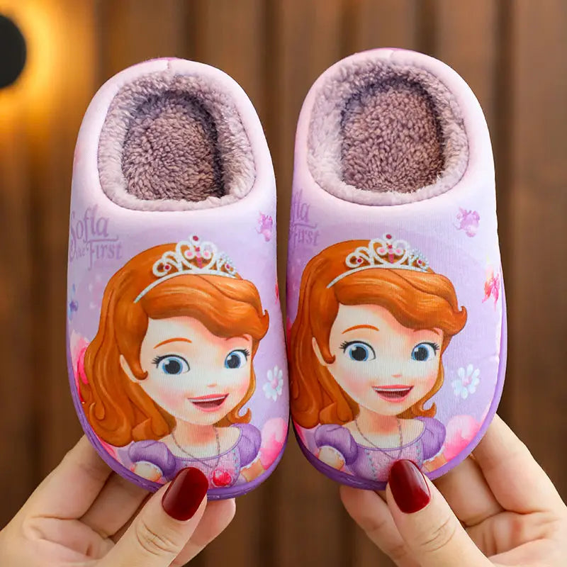 Disney Princess Elsa Winter Children's Heel Cotton Slippers Girls' Warm Frozen Kids' Cotton Black Purple Flats Shoes Size 24-40 - Happy Bambino