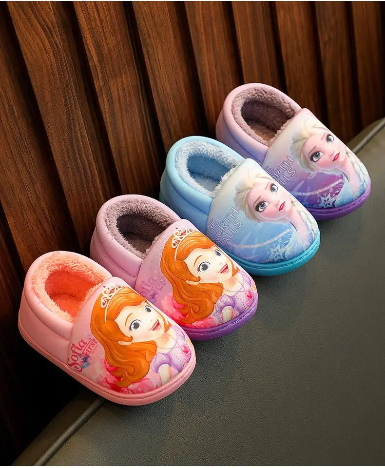 Disney Princess Elsa Winter Children's Heel Cotton Slippers Girls' Warm Frozen Kids' Cotton Black Purple Flats Shoes Size 24-40 - Happy Bambino
