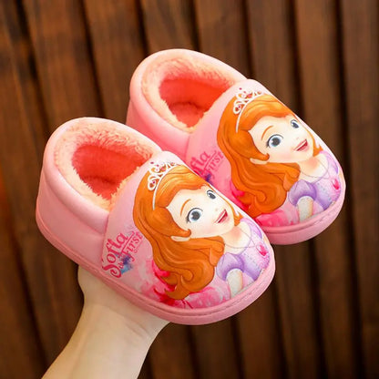 Disney Princess Elsa Winter Children's Heel Cotton Slippers Girls' Warm Frozen Kids' Cotton Black Purple Flats Shoes Size 24-40 - Happy Bambino