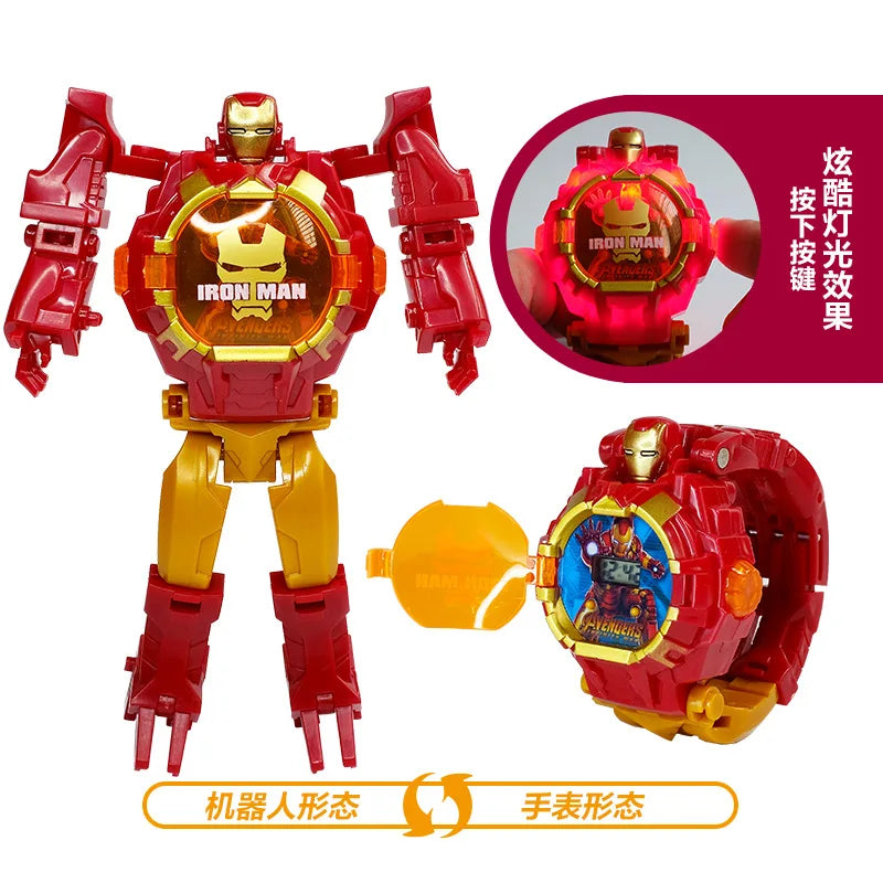 Marvel iron Man Spiderman Cartoons Children's watch Deformation robot 3d LED Luminous watch Children's model toy watch - Happy Bambino