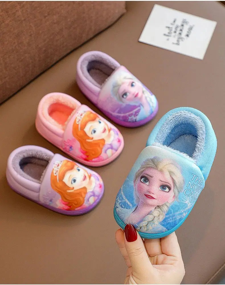 Disney Princess Elsa Winter Children's Heel Cotton Slippers Girls' Warm Frozen Kids' Cotton Black Purple Flats Shoes Size 24-40 - Happy Bambino