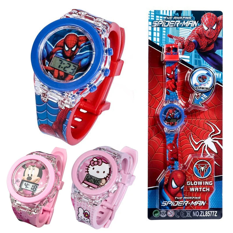Flash Light Spiderman Kids Watches For Boys Cartoon Hello Kitty Mickey Children Watch Girls Student Clock Gifts free shipping - Happy Bambino