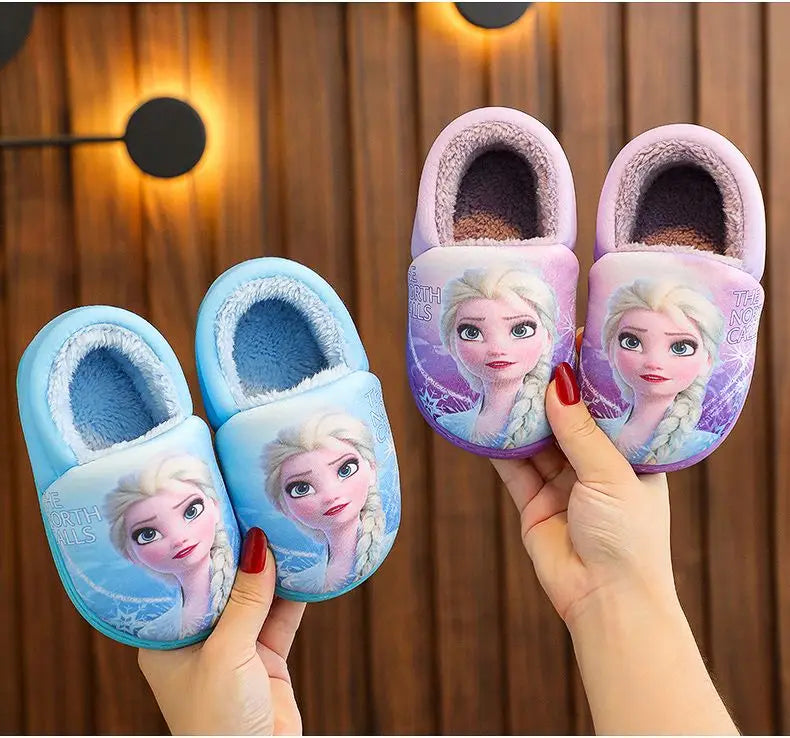 Disney Princess Elsa Winter Children's Heel Cotton Slippers Girls' Warm Frozen Kids' Cotton Black Purple Flats Shoes Size 24-40 - Happy Bambino