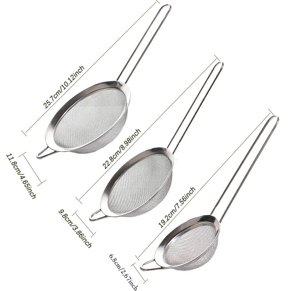 3pcs Fine Mesh Strainers Set Stainless Steel Multipurpose Flour Sieve  Sifter With Handle Perfect For tea Flour Egg Kitchen Tool - Happy Bambino