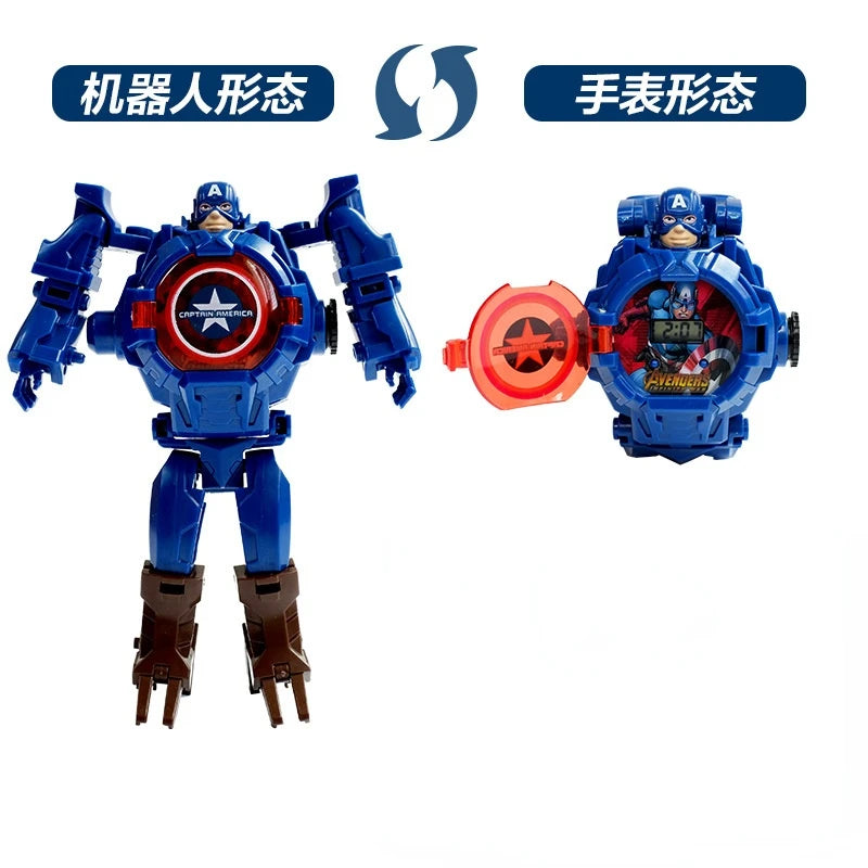 Marvel iron Man Spiderman Cartoons Children's watch Deformation robot 3d LED Luminous watch Children's model toy watch - Happy Bambino