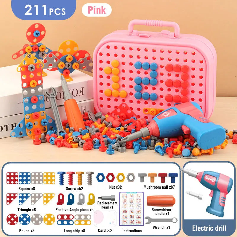 Children DIY Tool Toys Set Electric Drill Screw Nuts 3D Puzzle Toy Pretend Play Tool Kits 2D/3D Educational Toy - Happy Bambino