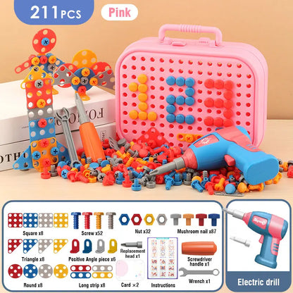 Children DIY Tool Toys Set Electric Drill Screw Nuts 3D Puzzle Toy Pretend Play Tool Kits 2D/3D Educational Toy - Happy Bambino