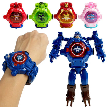 Marvel iron Man Spiderman Cartoons Children's watch Deformation robot 3d LED Luminous watch Children's model toy watch - Happy Bambino
