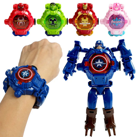 Marvel iron Man Spiderman Cartoons Children's watch Deformation robot 3d LED Luminous watch Children's model toy watch - Happy Bambino