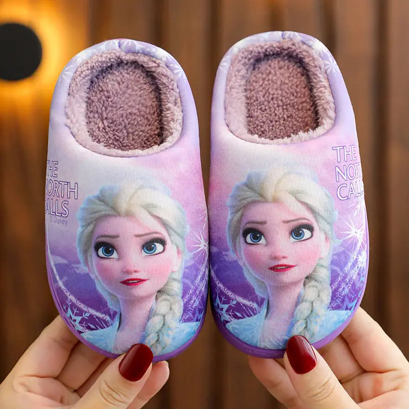 Disney Princess Elsa Winter Children's Heel Cotton Slippers Girls' Warm Frozen Kids' Cotton Black Purple Flats Shoes Size 24-40 - Happy Bambino
