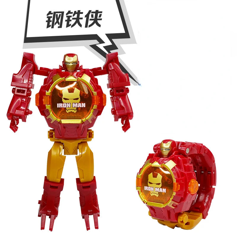 Marvel iron Man Spiderman Cartoons Children's watch Deformation robot 3d LED Luminous watch Children's model toy watch - Happy Bambino
