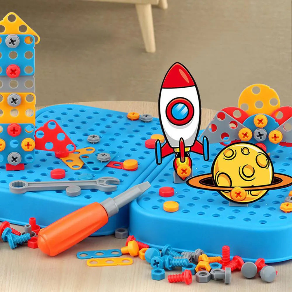 Children DIY Tool Toys Set Electric Drill Screw Nuts 3D Puzzle Toy Pretend Play Tool Kits 2D/3D Educational Toy - Happy Bambino