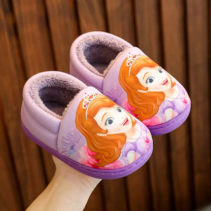 Disney Princess Elsa Winter Children's Heel Cotton Slippers Girls' Warm Frozen Kids' Cotton Black Purple Flats Shoes Size 24-40 - Happy Bambino