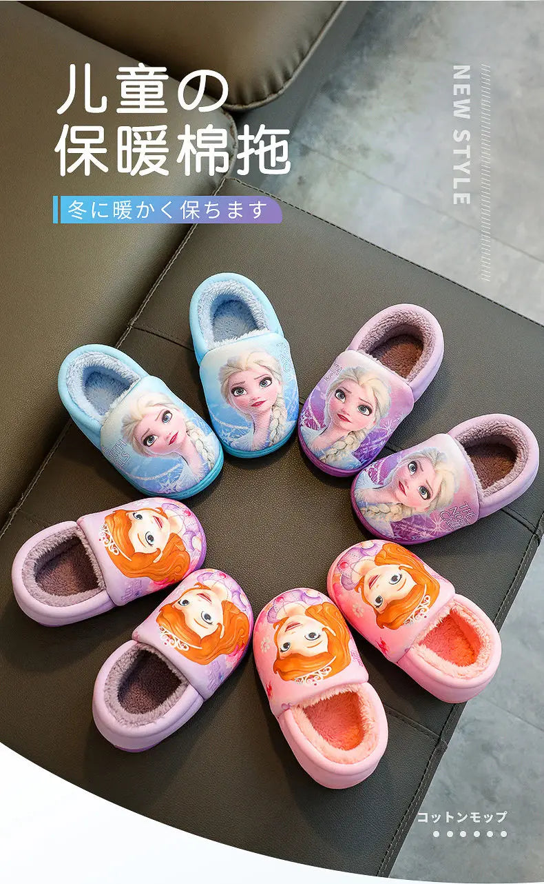 Disney Princess Elsa Winter Children's Heel Cotton Slippers Girls' Warm Frozen Kids' Cotton Black Purple Flats Shoes Size 24-40 - Happy Bambino