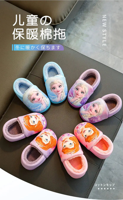 Disney Princess Elsa Winter Children's Heel Cotton Slippers Girls' Warm Frozen Kids' Cotton Black Purple Flats Shoes Size 24-40 - Happy Bambino