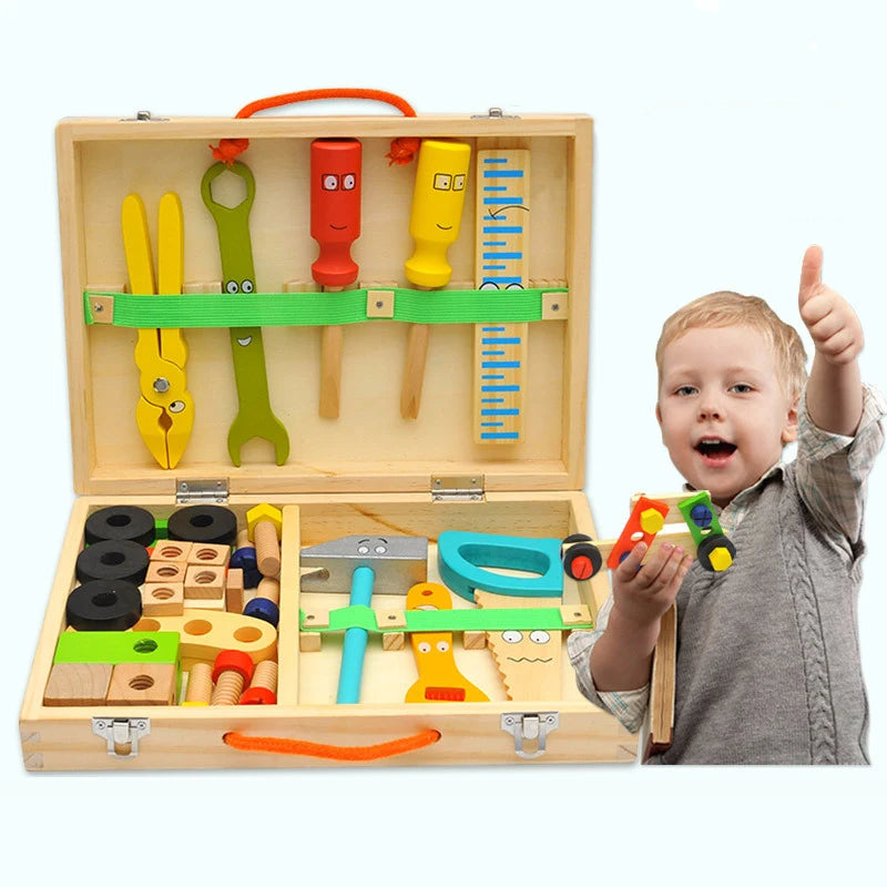Educational Montessori Kids Toys Plastic Wooden Toolbox Pretend Play Set Children Nut Screw Assembly Simulation Carpenter Tool - Happy Bambino