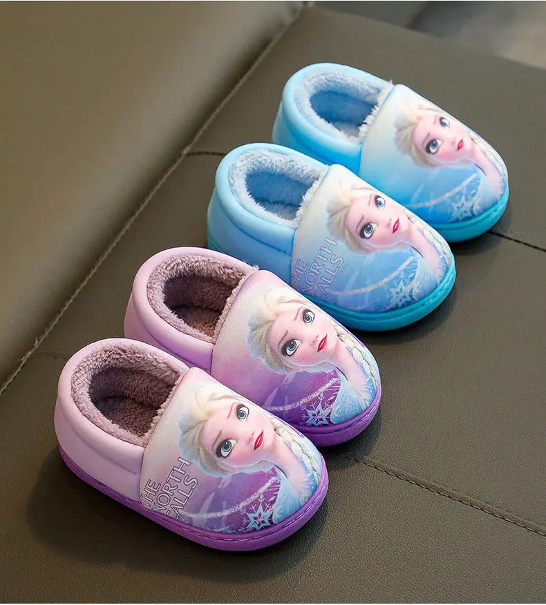 Disney Princess Elsa Winter Children's Heel Cotton Slippers Girls' Warm Frozen Kids' Cotton Black Purple Flats Shoes Size 24-40 - Happy Bambino