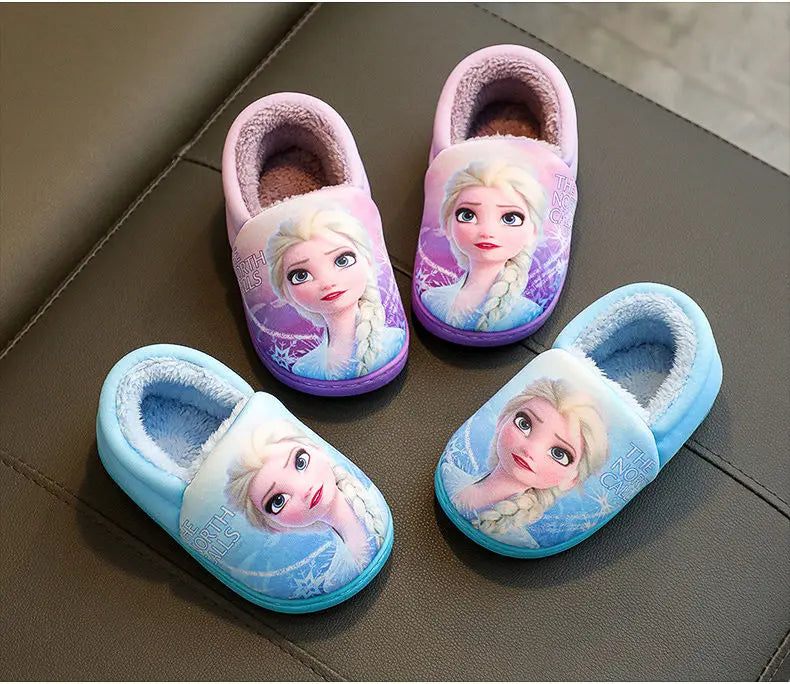 Disney Princess Elsa Winter Children's Heel Cotton Slippers Girls' Warm Frozen Kids' Cotton Black Purple Flats Shoes Size 24-40 - Happy Bambino