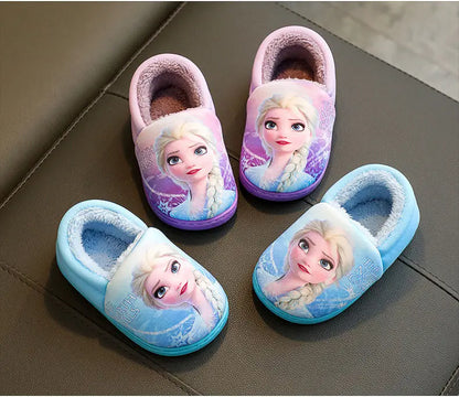 Disney Princess Elsa Winter Children's Heel Cotton Slippers Girls' Warm Frozen Kids' Cotton Black Purple Flats Shoes Size 24-40 - Happy Bambino