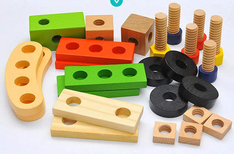 Educational Montessori Kids Toys Plastic Wooden Toolbox Pretend Play Set Children Nut Screw Assembly Simulation Carpenter Tool - Happy Bambino