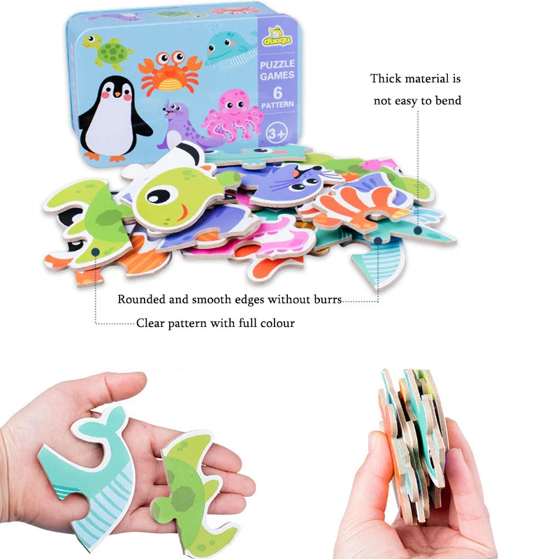 Baby Puzzle Montessori Educational Toys Wood 3D Puzzle Games Iron Box children Puzzles Jigsaw Wooden Puzzles For Kids 2 3 4 Year - Happy Bambino