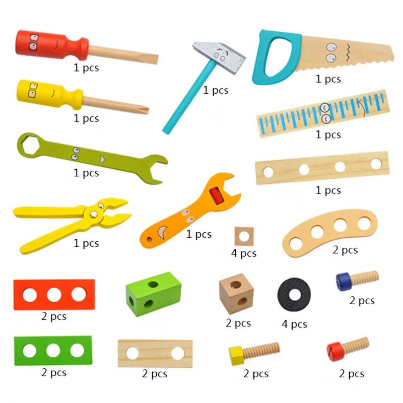 Educational Montessori Kids Toys Plastic Wooden Toolbox Pretend Play Set Children Nut Screw Assembly Simulation Carpenter Tool - Happy Bambino