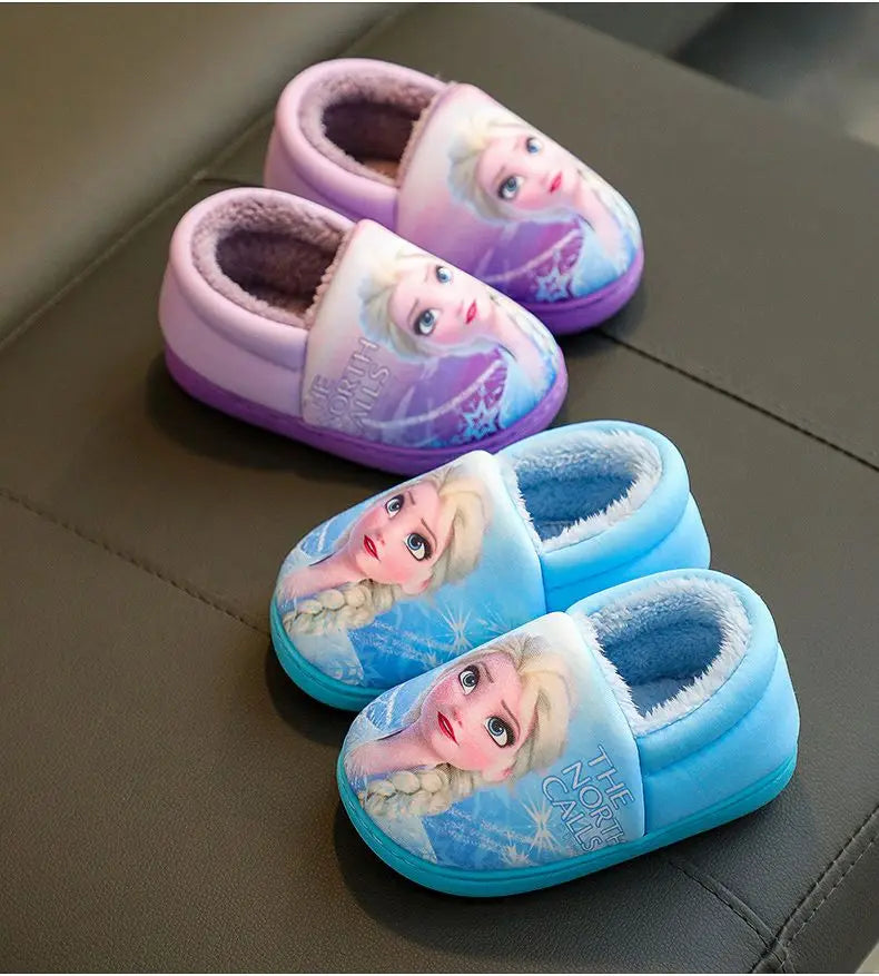 Disney Princess Elsa Winter Children's Heel Cotton Slippers Girls' Warm Frozen Kids' Cotton Black Purple Flats Shoes Size 24-40 - Happy Bambino