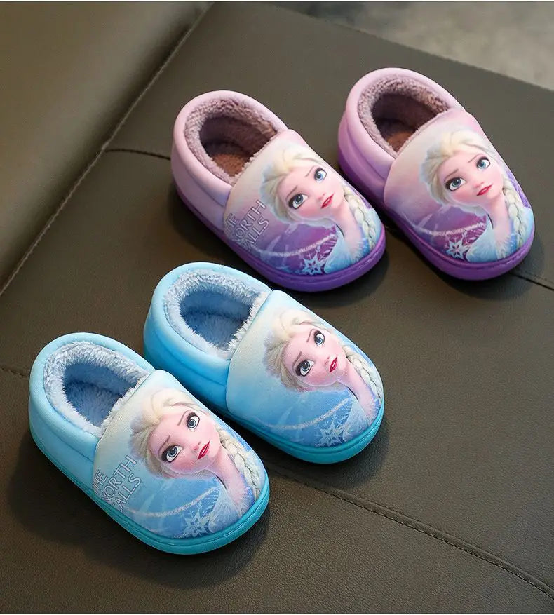 Disney Princess Elsa Winter Children's Heel Cotton Slippers Girls' Warm Frozen Kids' Cotton Black Purple Flats Shoes Size 24-40 - Happy Bambino