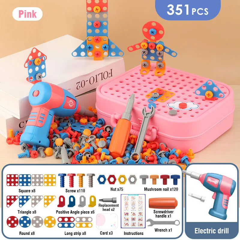 Children DIY Tool Toys Set Electric Drill Screw Nuts 3D Puzzle Toy Pretend Play Tool Kits 2D/3D Educational Toy - Happy Bambino